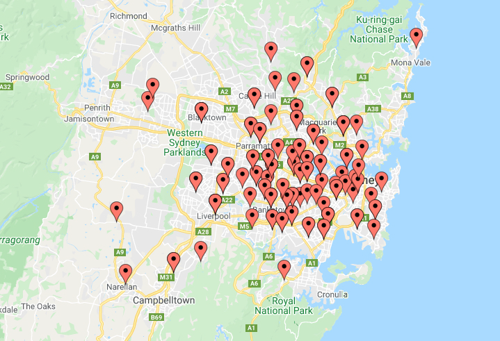 Map of Sydney marking ECCNSW outreach areas