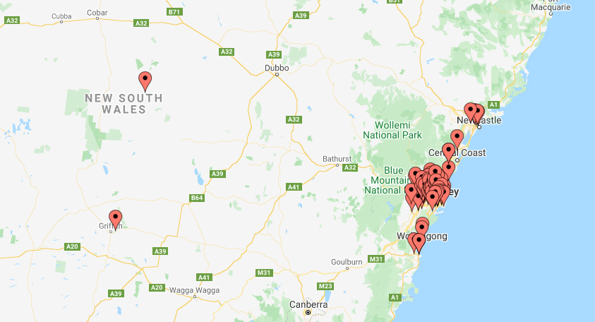 Map of Regional NSW marking ECCNSW outreach areas